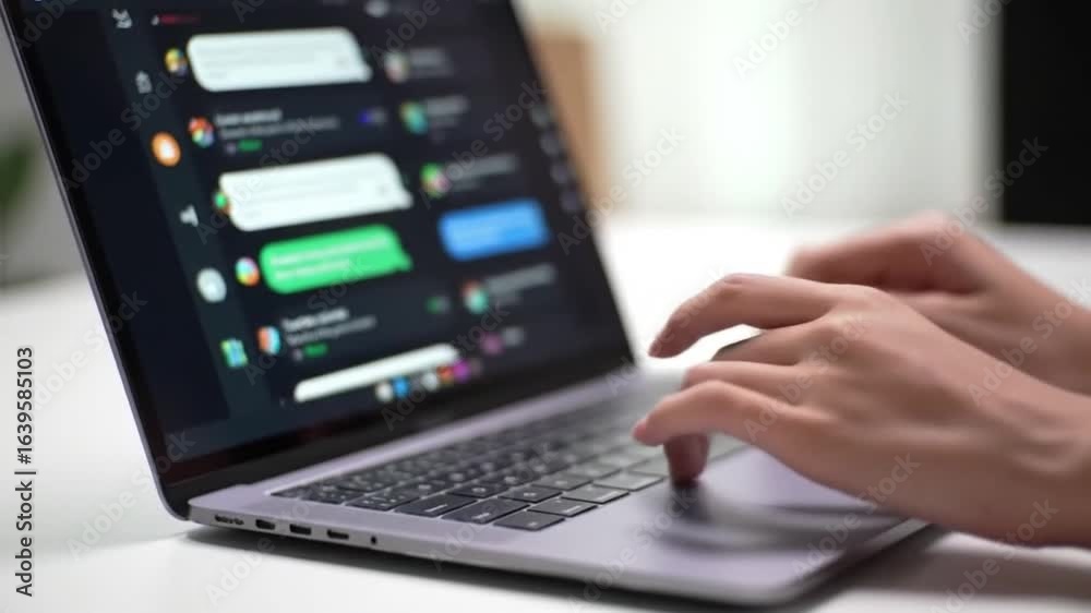 Typing on Laptop, Messaging App Close Up, Communication Technology Typing on Laptop, Messaging App Close Up, Communication Technology