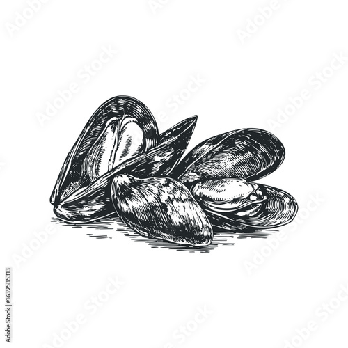 Group of Mussels in Black and White Sketch Style