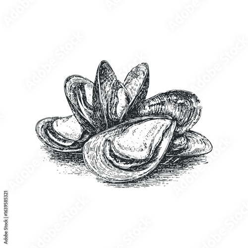 Hand Drawn Mussels in Black and White Sketch Style