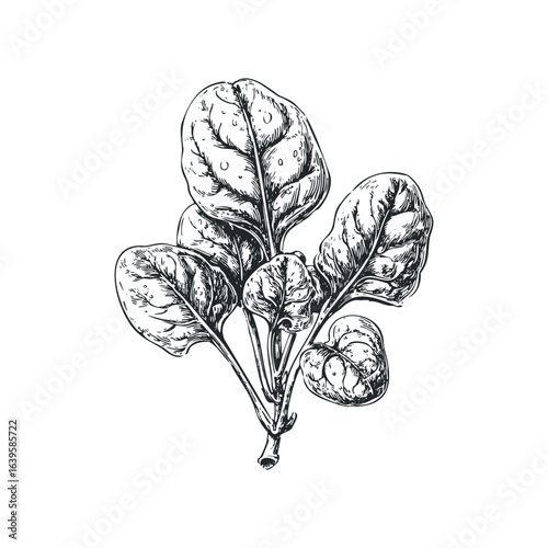 Hand-drawn sketch of fresh spinach leaves with dew drops