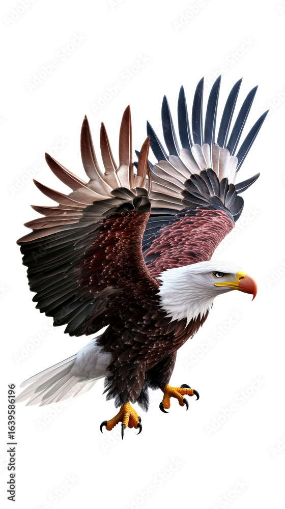 Obraz premium Majestic bald eagle with wings spread in mid-flight against a white void