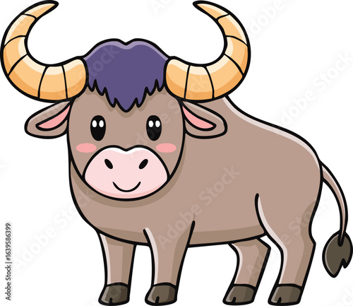 A charming cartoon water buffalo, depicted in a friendly, approachable style, with large horns and expressive eyes.