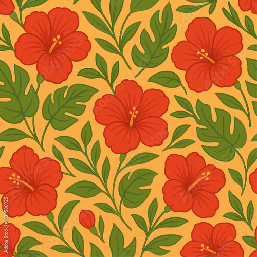 Seamless tropical hibiscus flower pattern with vibrant red blooms and lush green leaves on a warm yellow background, perfect for summer textiles, wallpapers, and beach-themed designs
