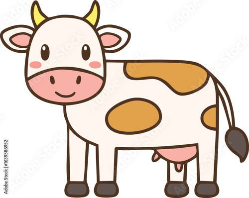 A cheerful cartoon cow with brown and white spots, standing and smiling.