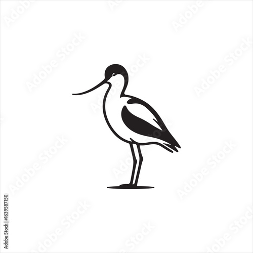 Graceful Avocet Silhouette Vector Art – Elegant Wading Bird with Upturned Beak and Long Legs, Minimal Black Outline Perfect for Wetland Wildlife Themes, Nature Logos, and Decorative Prints
