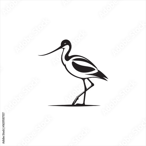 Graceful Avocet Silhouette Vector Art – Elegant Wading Bird with Upturned Beak and Long Legs, Minimal Black Outline Perfect for Wetland Wildlife Themes, Nature Logos, and Decorative Prints
