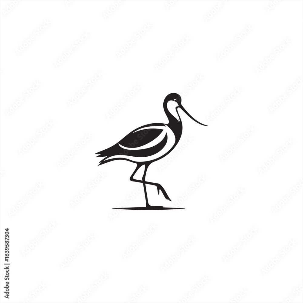 Fototapeta premium Graceful Avocet Silhouette Vector Art – Elegant Wading Bird with Upturned Beak and Long Legs, Minimal Black Outline Perfect for Wetland Wildlife Themes, Nature Logos, and Decorative Prints