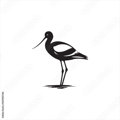 Graceful Avocet Silhouette Vector Art – Elegant Wading Bird with Upturned Beak and Long Legs, Minimal Black Outline Perfect for Wetland Wildlife Themes, Nature Logos, and Decorative Prints

