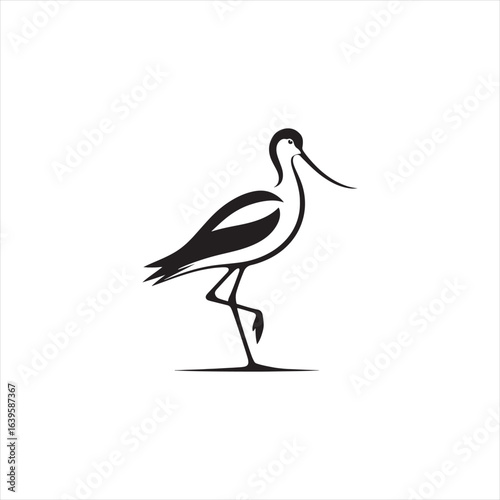 Graceful Avocet Silhouette Vector Art – Elegant Wading Bird with Upturned Beak and Long Legs, Minimal Black Outline Perfect for Wetland Wildlife Themes, Nature Logos, and Decorative Prints

