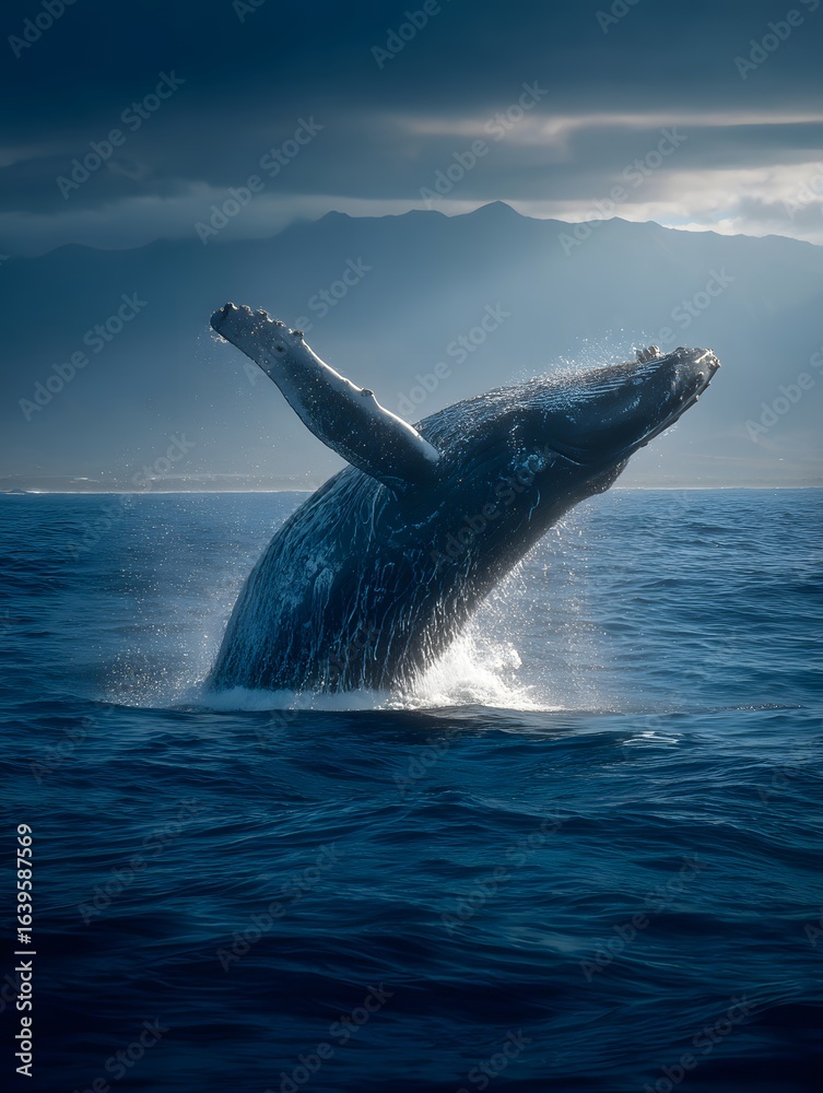 Fototapeta premium Humpback whale breaches the deep blue ocean, illuminated by sun rays filtering through sea mist and shimmering waves.