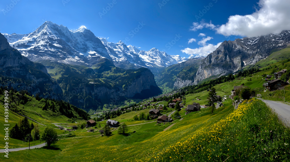 Fototapeta premium Panoramic photo of the Eiger, Mürren, and Lauterbrunnen