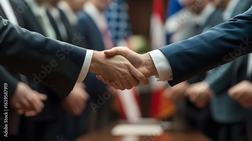International delegates celebrate collaboration and commerce as they shake hands over a signed free trade agreement.