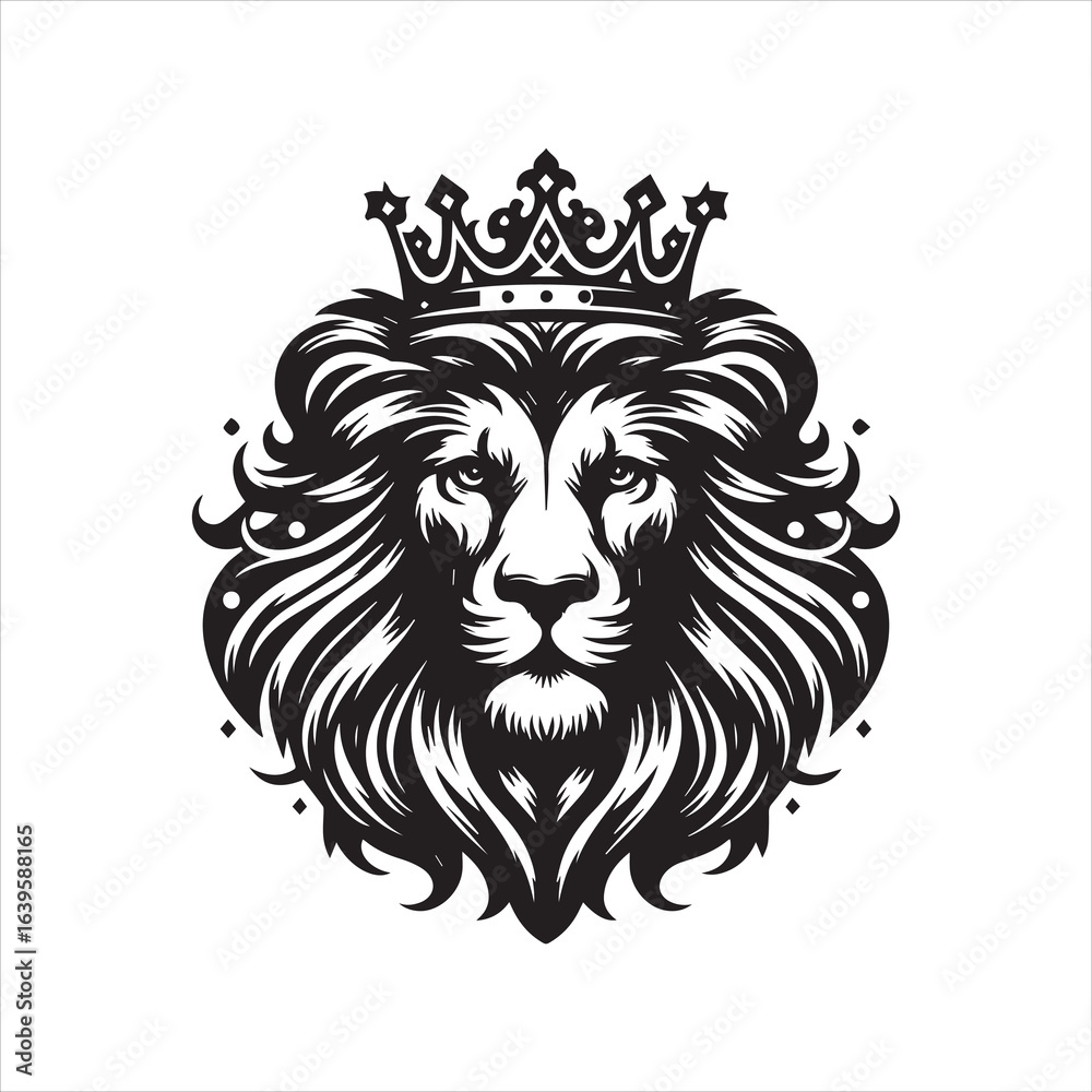 Fototapeta premium Majestic Lion Head with Ornate Crown Detailed Black and White Vector Illustration.