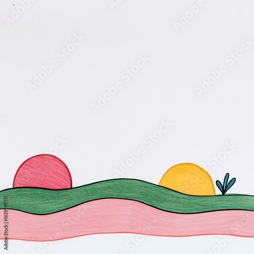 Childlike Illustration of a Simple Landscape with Two Suns, Generative AI