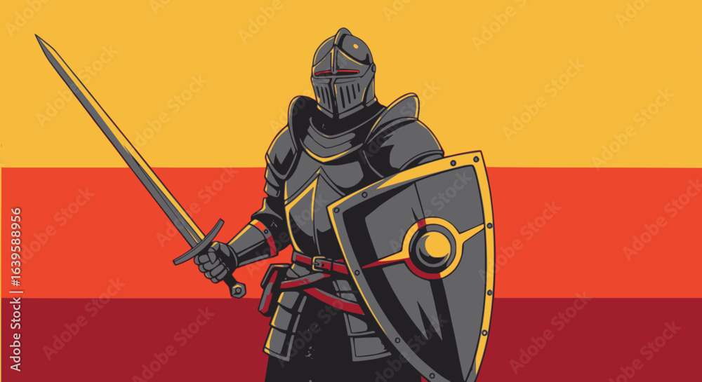 Obraz premium Vector illustration of armored knight in full medieval plate armor holding sword and shield against gradient orange and red background. Representing spiritual warfare.