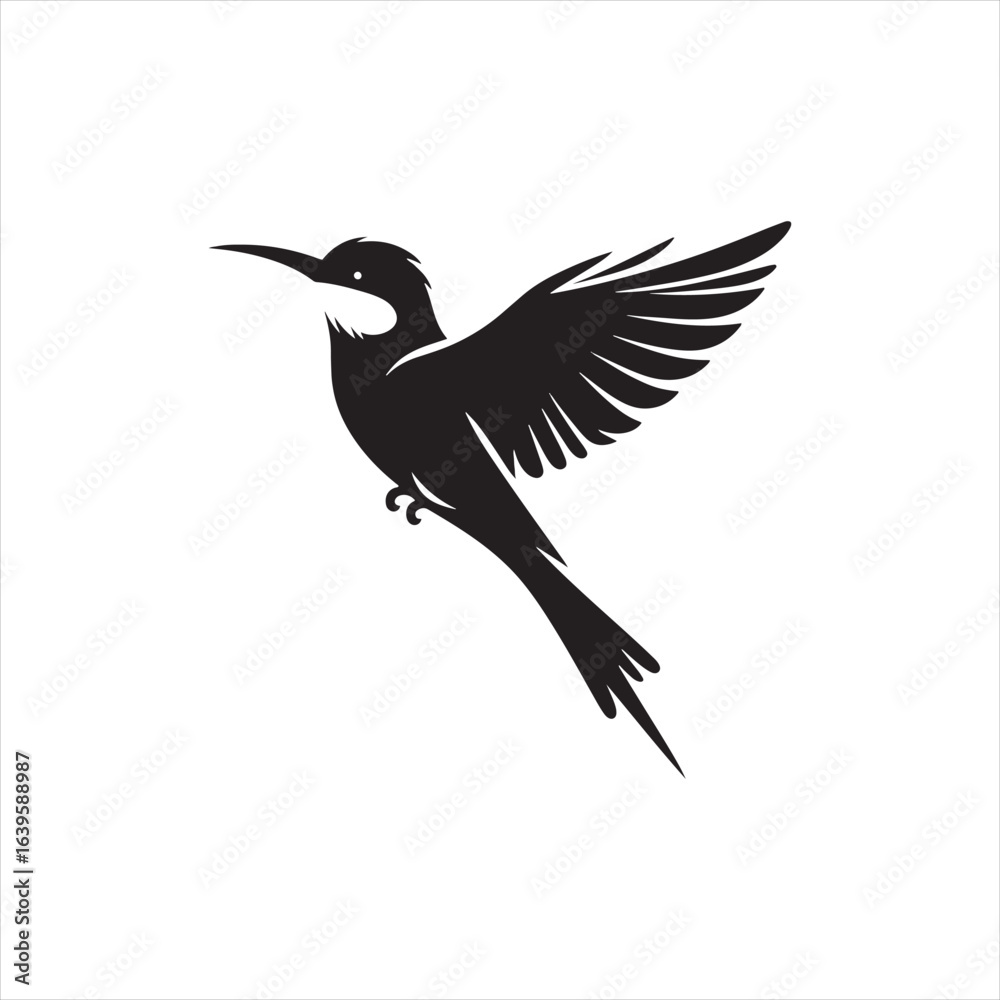 Fototapeta premium Colorful Bee-Eater Silhouette Vector Art – Sleek Insect-Catching Bird with Long Tail and Curved Beak, Minimal Black Outline Perfect for Tropical Wildlife Graphics, Nature Logos, and Decorative Prints 