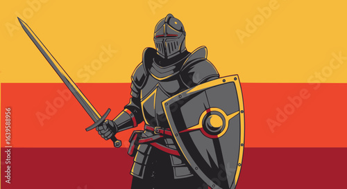 Vector illustration of armored knight in full medieval plate armor holding sword and shield against gradient orange and red background. Representing spiritual warfare.