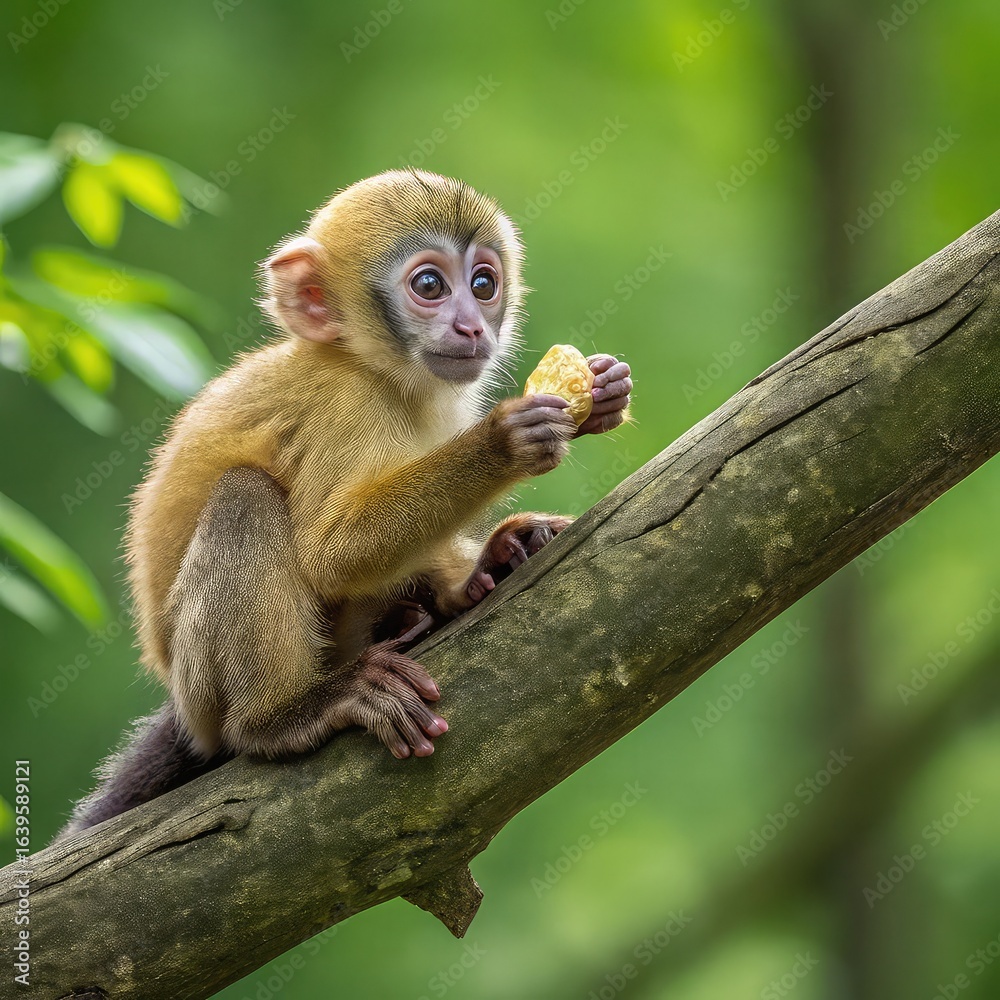 Little Monkey Sitting on Tree and Eating Food, Cute Baby Monkey Little Monkey Sitting on Tree and Eating Food, Cute Baby Monkey