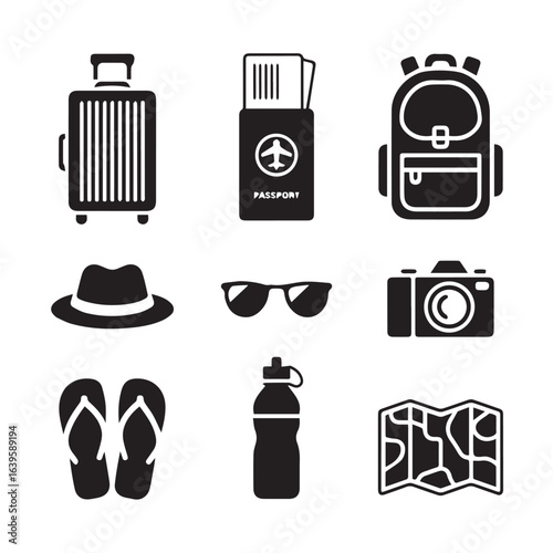 A collection of travel essentials in a simple graphic representation