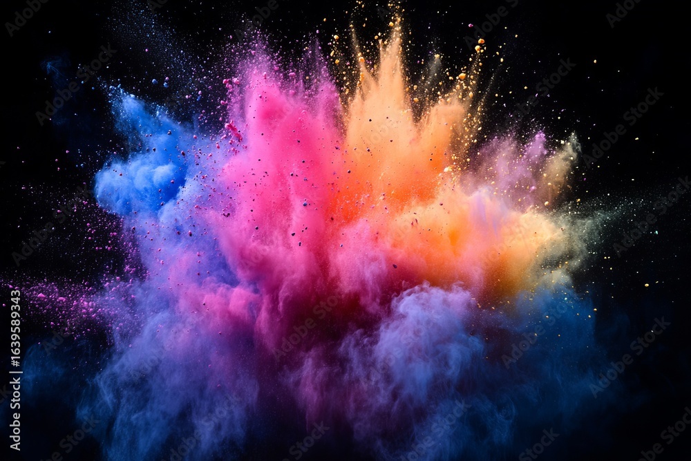 Fototapeta premium Explosion of colorful powder in motion with blue, pink, and orange hues against black background