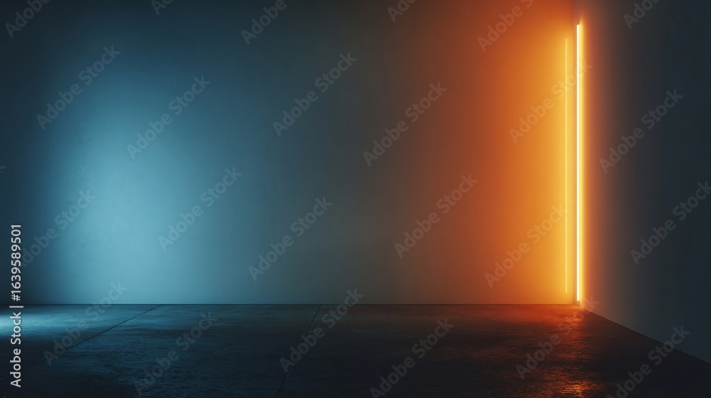 Fototapeta premium Abstract interior with a brightly lit orange doorway contrasting with a cool blue space