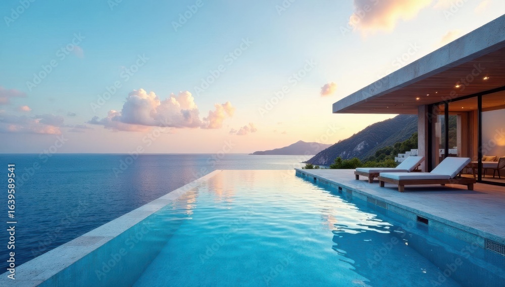 Fototapeta premium Expansive ocean view, infinity pool, modern architecture, tranquil, home, coastal