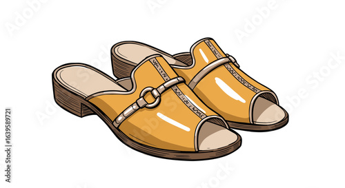 Yellow women's sandals with open toe and decorative strap design  vector illustration on transparent background  
