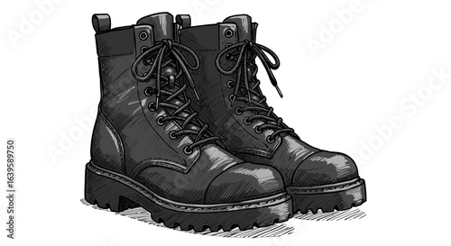 Black combat boots hand-drawn sketch vector illustration on transparent background  