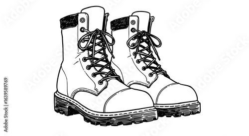 Black and white hand-drawn sketch vector illustration of rugged work boots on transparent background  