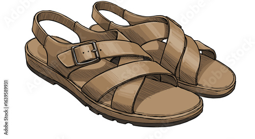 Brown sandals with cross straps vector illustration on a transparent background  