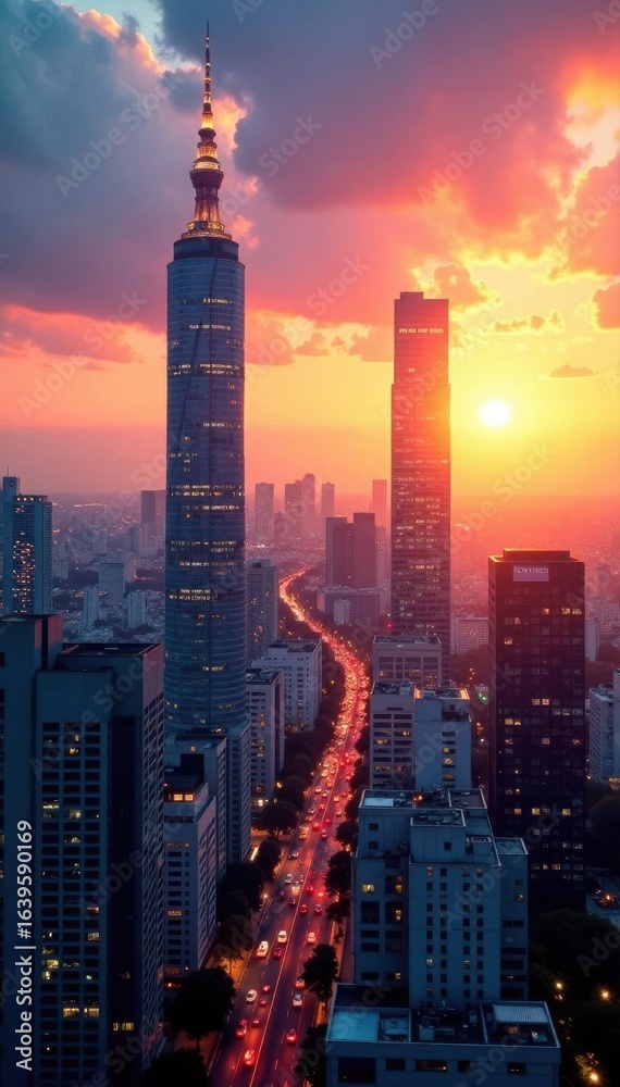 Fototapeta premium Golden hour illuminates Tokyo skyscrapers, vibrant cityscape , buildings, photography