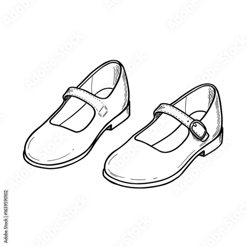 Hand-drawn black and white sketch vector illustration of Mary Jane shoes on transparent background  