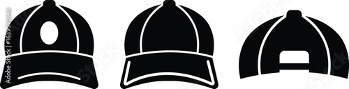Baseball hat icon set, black vector collection of sports cap group in flat style, headwear fashion accessory symbols, adjustable snapback visor silhouette and outline bundle