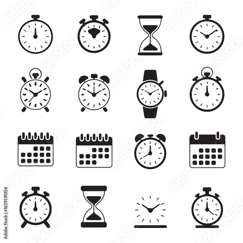 Collection of various time related graphic elements in black and white