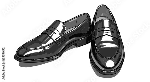 Black and white hand-drawn sketch vector illustration of men's loafers on transparent background  