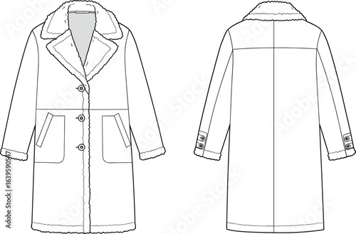 Women’s shearling coat flat sketch, front and back view, long winter outerwear fashion design, button closure, pockets, technical clothing illustration template