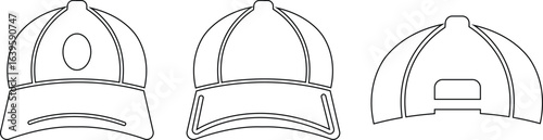 Baseball hat icon set, black vector collection of sports cap group in line style, headwear fashion accessory symbols, adjustable snapback visor silhouette and outline bundle