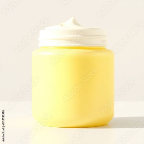 Yellow cream jar with skincare product.