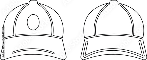 Baseball hat icon set, black vector collection of sports cap group in line style, headwear fashion accessory symbols, adjustable snapback visor silhouette and outline bundle