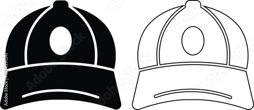 Baseball hat icon set, black vector collection of sports cap group in flat and line style, headwear fashion accessory symbols, adjustable snapback visor silhouette and outline bundle