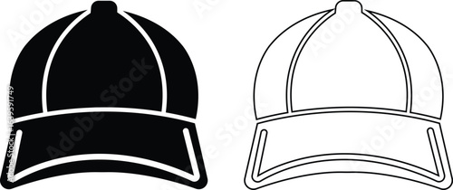 Baseball hat icon set, black vector collection of sports cap group in flat and line style, headwear fashion accessory symbols, adjustable snapback visor silhouette and outline bundle