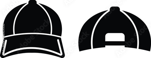 Baseball hat icon set, black vector collection of sports cap group in flat style, headwear fashion accessory symbols, adjustable snapback visor silhouette and outline bundle