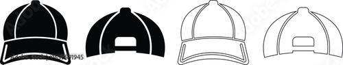 Baseball hat icon set, black vector collection of sports cap group in flat and line style, headwear fashion accessory symbols, adjustable snapback visor silhouette and outline bundle