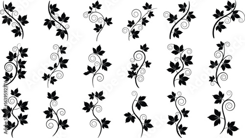Floral vine silhouette set, decorative leaf swirl, botanical ornament vector, elegant plant clipart, nature curl design, black artwork
