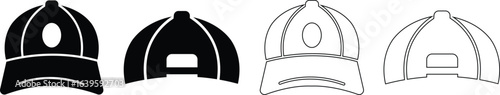 Baseball hat icon set, black vector collection of sports cap group in flat and line style, headwear fashion accessory symbols, adjustable snapback visor silhouette and outline bundle