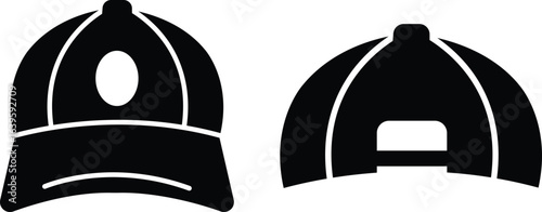 Baseball hat icon set, black vector collection of sports cap group in flat style, headwear fashion accessory symbols, adjustable snapback visor silhouette and outline bundle