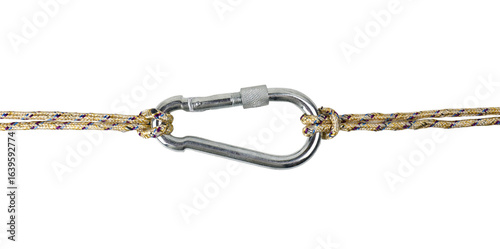 Quadro em tela metal carabiner attached to a sturdy rope on a white surface