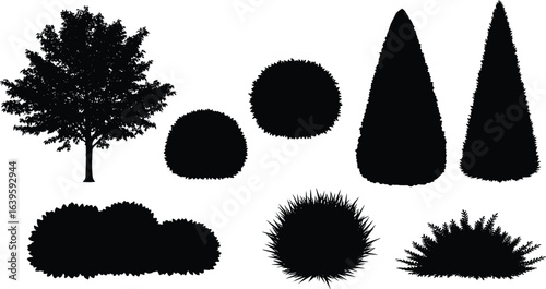 Tree and bush silhouette set, botanical shape vector, landscaping plant clipart, nature foliage icons, garden shrub design, black vegetation graphic