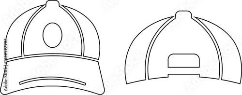 Baseball hat icon set, black vector collection of sports cap group in line style, headwear fashion accessory symbols, adjustable snapback visor silhouette and outline bundle