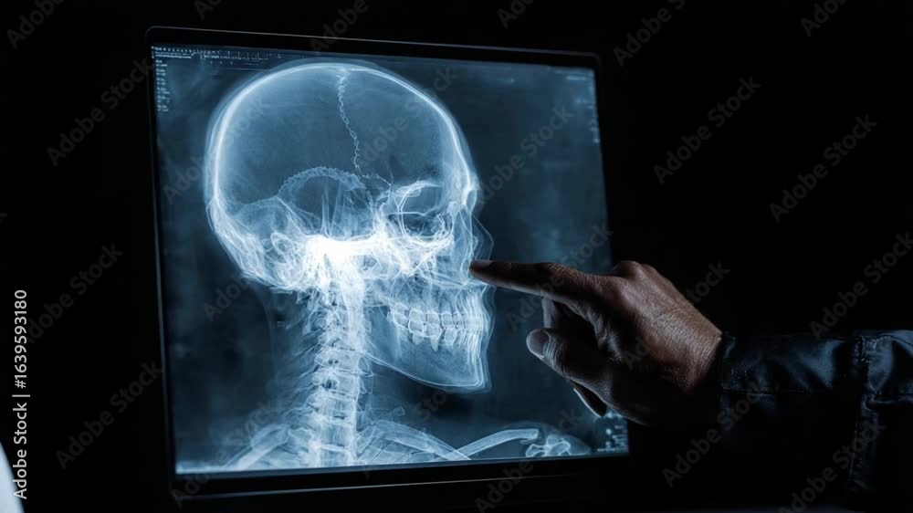 Examining the Invisible: The image captures a detailed x-ray of the human skull. A hand, poised with precision, points to a feature on the x-ray, evoking themes of diagnostics, medical insight.